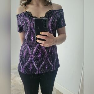 Purple and Black Women's Off-Shoulder Top